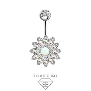 Navel Belly Button Encrusted Flower Curved Barbell – Aurora, Silver