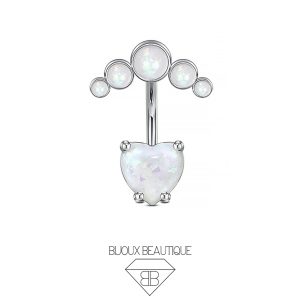 Navel Floating Belly Button Top Cluster Heart Opal Curved Barbell – Silver