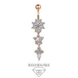 Navel Belly Button Dangle Flower Crystals Curved Barbell – Rose Gold