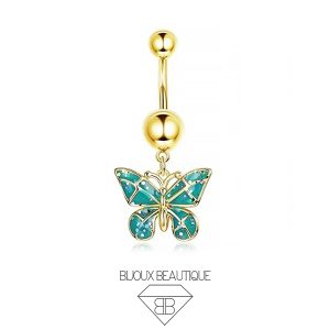 Navel Belly Button Teal Butterfly Curved Barbell – Gold