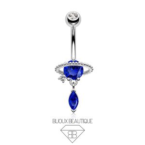 Navel Belly Button Bezel Saturn Sapphire Dangle Gems Curved Barbell – Silver