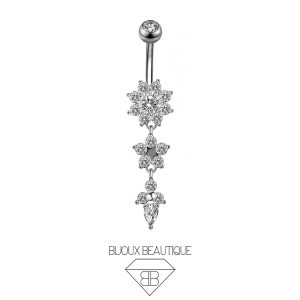 Navel Belly Button Dangle Flower Crystals Curved Barbell – Silver