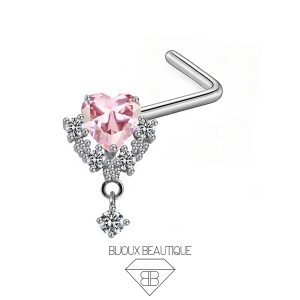 Nose Pronged Encrusted Gems Heart Dangle L-Shape Stud – Pink, Silver