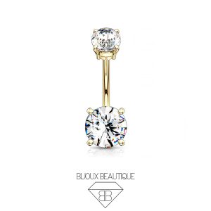 Navel Belly Button Double Prong Gem Curved Barbell – White, Gold