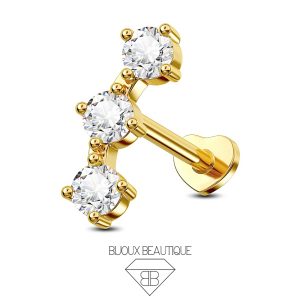 Ear Pronged Crescent Triple Gem Flatback Stud – White, Gold