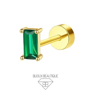 Ear Bezel Rectangle Gem Flatback Stud – Green, Gold