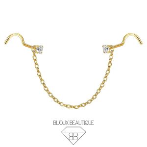 Nose Chain Pronged Gem Corkscrew – White, Gold