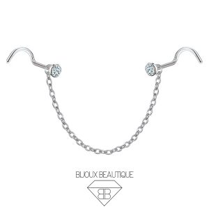 Nose Chain Gem Corkscrew – White, Silver