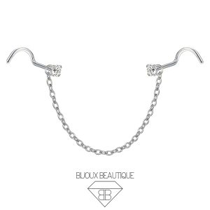 Nose Chain Pronged Gem Corkscrew – White, Silver