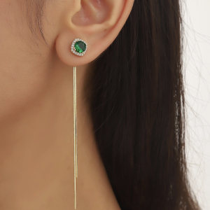 Square Cubic Zirconia Long Tassel Two Strap Earrings (Pair) – Emerald Green, Gold