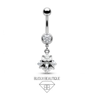 Navel Ribbon Gem Dangle Belly Button Curved Barbell – White, Silver