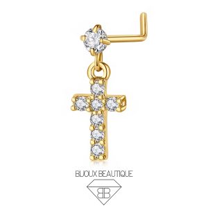 Nose Pronged Gem Cross Dangle L-Shape Stud – White, Gold