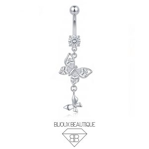 Navel Pronged Gem Double Butterfly Dangle Belly Button Curved Barbell – White, Silver