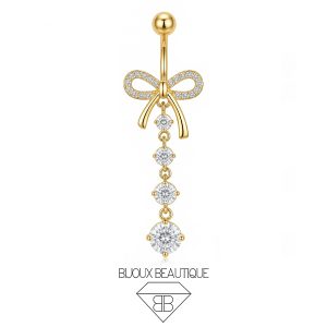 Navel Ribbon Dangle Gems Belly Button Curved Barbell – White, Gold