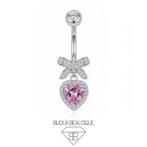 Navel Encrusted Dangle Ribbon Heart Gem Belly Button Curved Barbell – Pink, Silver