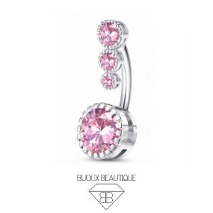 Navel Belly Button Bezel Triple Upper Cluster Flower Curved Barbell – Pink, Silver