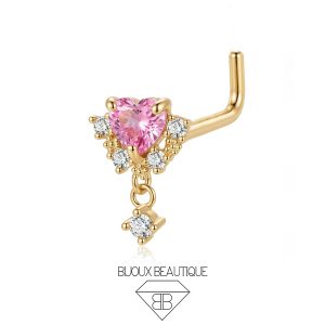 Nose Encrusted Heart Gems Dangle L-Shape Stud – Pink, Gold