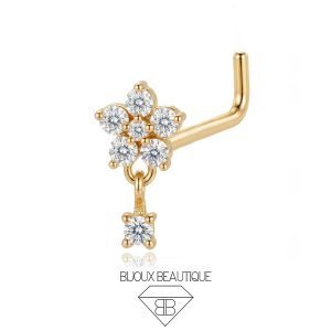 Nose Encrusted Flower Gems Dangle L-Shape Stud – White, Gold