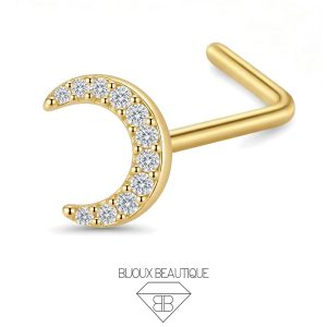 Nose Encrusted Crescent L-Shape Stud – White, Gold