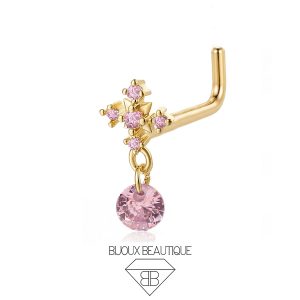 Nose Encrusted Cross Gems Dangle L-Shape Stud – Pink, Gold