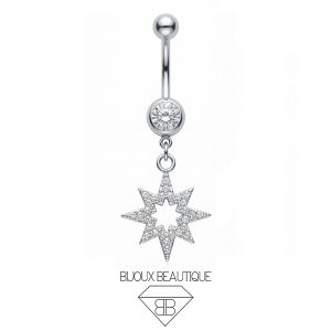 Navel Encrusted Star Dangle Belly Button Curved Barbell – White, Silver