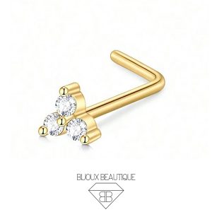 Nose Triple Petal Pronged Gem L-Shape Stud – White, Gold