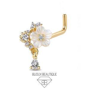 Nose Flower Cluster Gems Dangle Gem L-Shape Stud – White, Gold