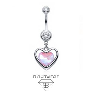 Navel Framed Aurora Heart Dangle Belly Button Curved Barbell – Pink, Silver