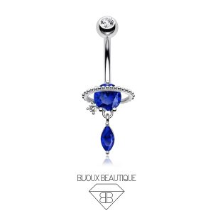 Navel Encrusted Saturn Dangle Belly Button Curved Barbell – Sapphire Blue, Silver