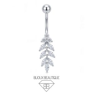 Navel Intricate Petals Cluster Gem Dangle Belly Button Curved Barbell – White, Silver