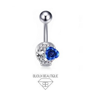Navel Gothic Encrusted Skull Blue Rose Belly Button Curved Barbell – White, Silver