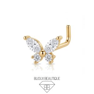 Nose Butterfly Gems L-Shape Stud – White, Gold