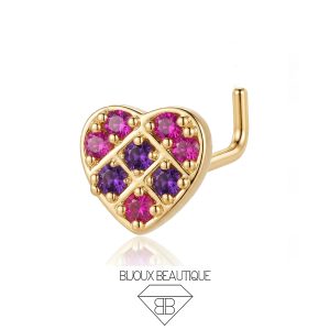 Nose Encrusted Heart L-Shape Stud – Pink, Gold
