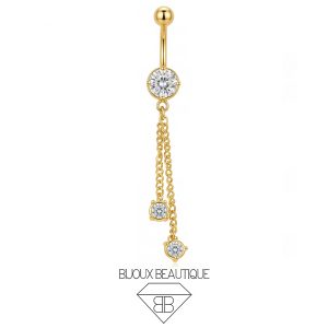 Navel Double Dangle Chain Gems Belly Button Curved Barbell – White, Gold