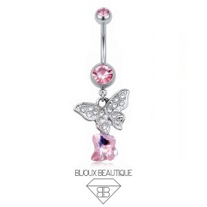 Navel Encrusted Dangle Double Butterfly Belly Button Curved Barbell – Pink, Silver