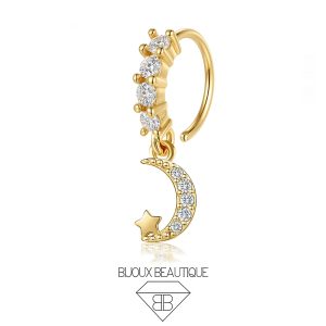 Nose / Ear Encrusted Crescent Dangle Seam Hoop – White, Gold