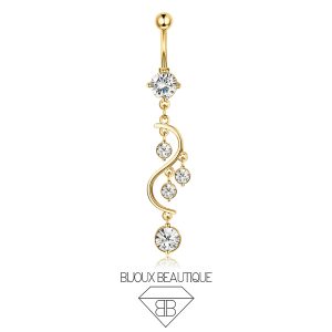 Navel Spiral Dangle Pronged Gems Belly Button Curved Barbell – White, Gold