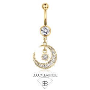 Navel Encrusted Crescent Dangle Belly Button Curved Barbell – White, Gold