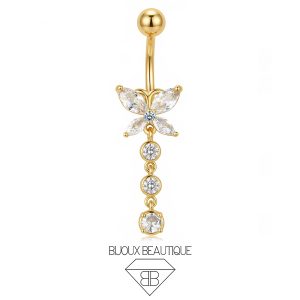 Navel Butterfly Triple Dangle Gems Belly Button Curved Barbell – White, Gold