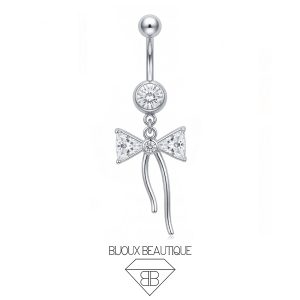 Navel Ribbon Gems Dangle Belly Button Curved Barbell – White, Silver