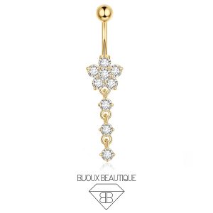 Navel Encrusted Flower Triple Dangle Gems Belly Button Curved Barbell – White, Gold