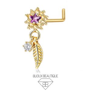 Nose Encrusted Flower Feather Dangle L-Shape Stud – Lilac, Gold