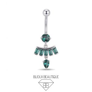 Navel Pronged Gem Chandelier Dangle Belly Button Curved Barbell – Teal, Silver