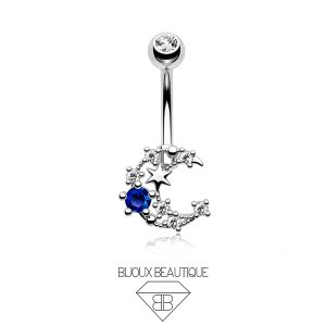 Navel Encrusted Crescent Blue Rose Belly Button Curved Barbell – White, Silver