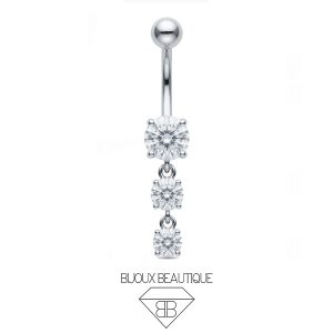 Navel Pronged Triple Gem Dangle Belly Button Curved Barbell – White, Silver