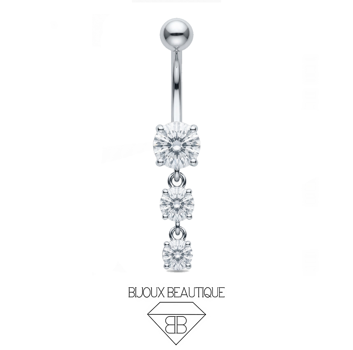 Navel Pronged Triple Gem Dangle Belly Button Curved Barbell – White, Silver