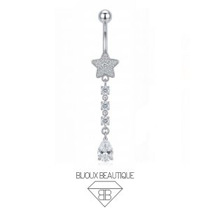 Navel Encrusted Star Dangle Gems Belly Button Curved Barbell – White, Silver