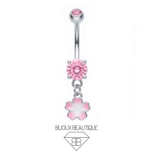 Navel Pronged Gem Flower Dangle Belly Button Curved Barbell – Pink, Silver