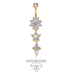 Navel Encrusted Flower Petals Star Dangle Belly Button Curved Barbell – White, Gold