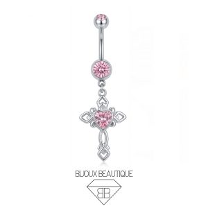 Navel Cross Dangle Heart Gem Belly Button Curved Barbell – Pink, Silver